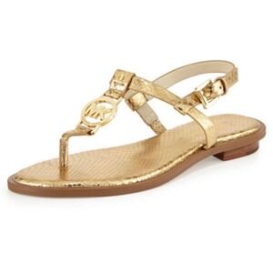 Michael‎ Kors Gold Snake Embossed Thong Sandals MK Logo Buckle Women's Size 11